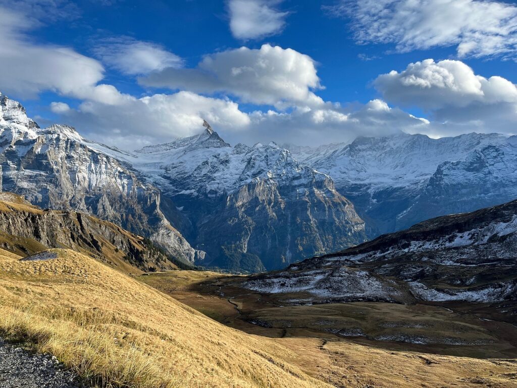 mountain, landscape, nature, outdoors, sky, clouds, grass, dirt, snow, mountain, landscape, grass, grass, grass, grass, grass